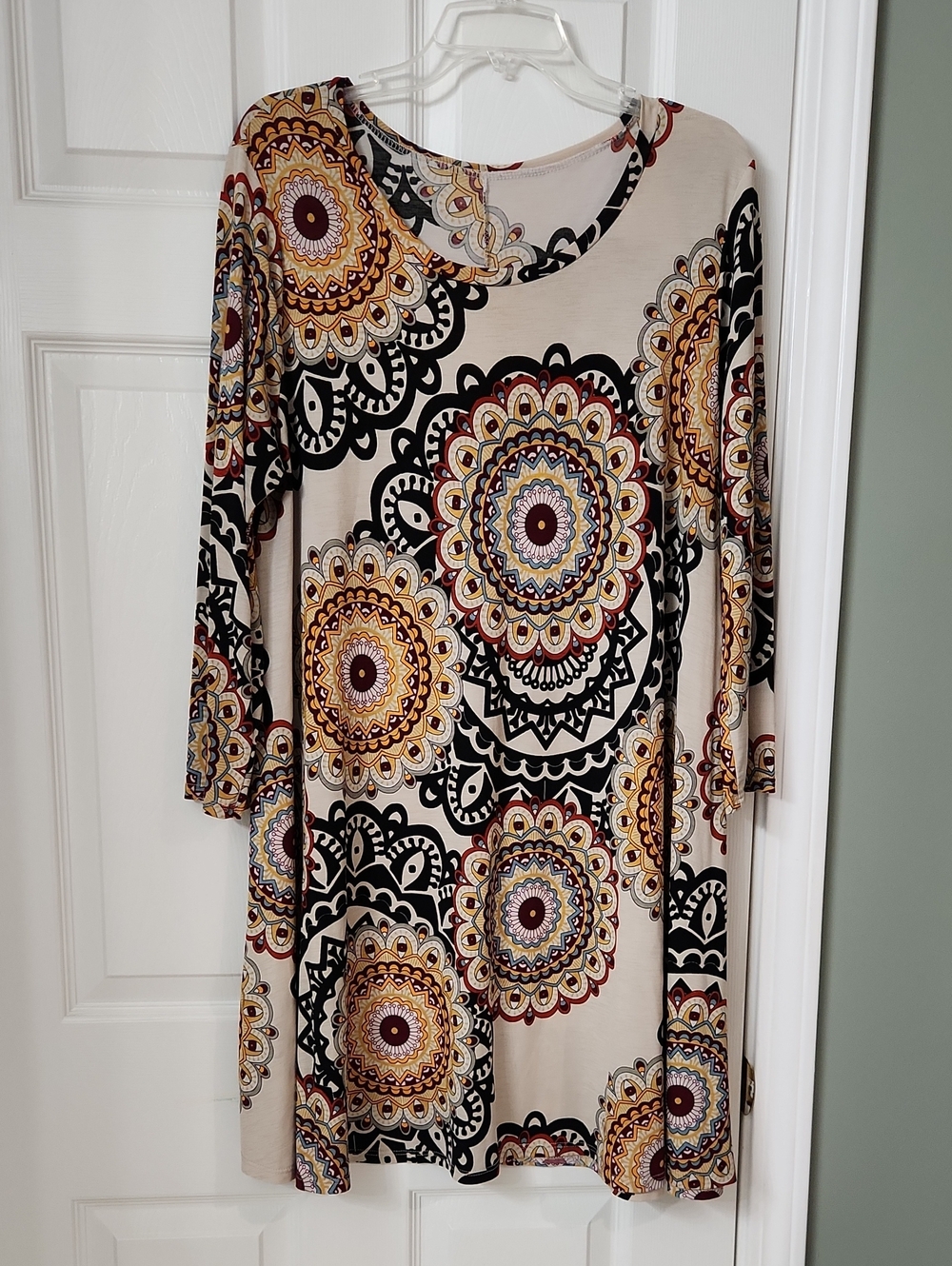 Beige Medallion Print Long-Sleeve Women's Dress